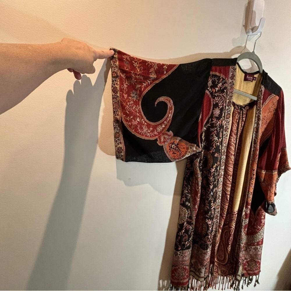 AVANI DEL AMOUR Sz  M/L Bohemian Unlined Colourful Fringed Open Front Kimono - Picture 3 of 8